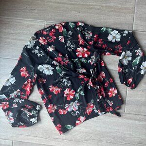 Express Black Floral Wrap Top Long Flowy Sleeves Size M